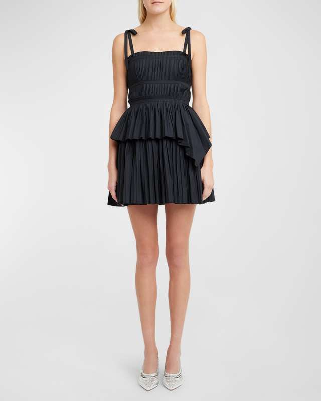 Bailey Tie-Shoulder Tiered Pleated Poplin Mini Dress